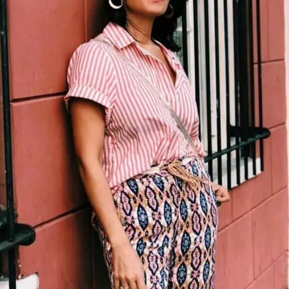 Anthropologie Striped Blouse Womens Large Red White Short Sleeve Cotton Belted - Picture 6 of 7